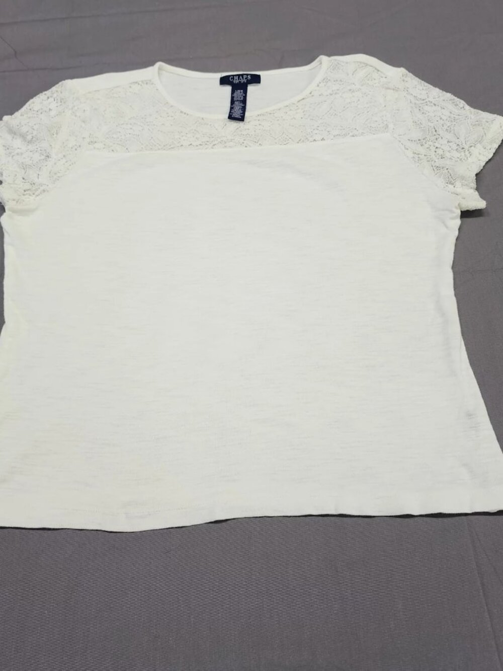 Chaps Women's L White Lace Yoke Short Sleeve Cotton Blend T-Shirt Top